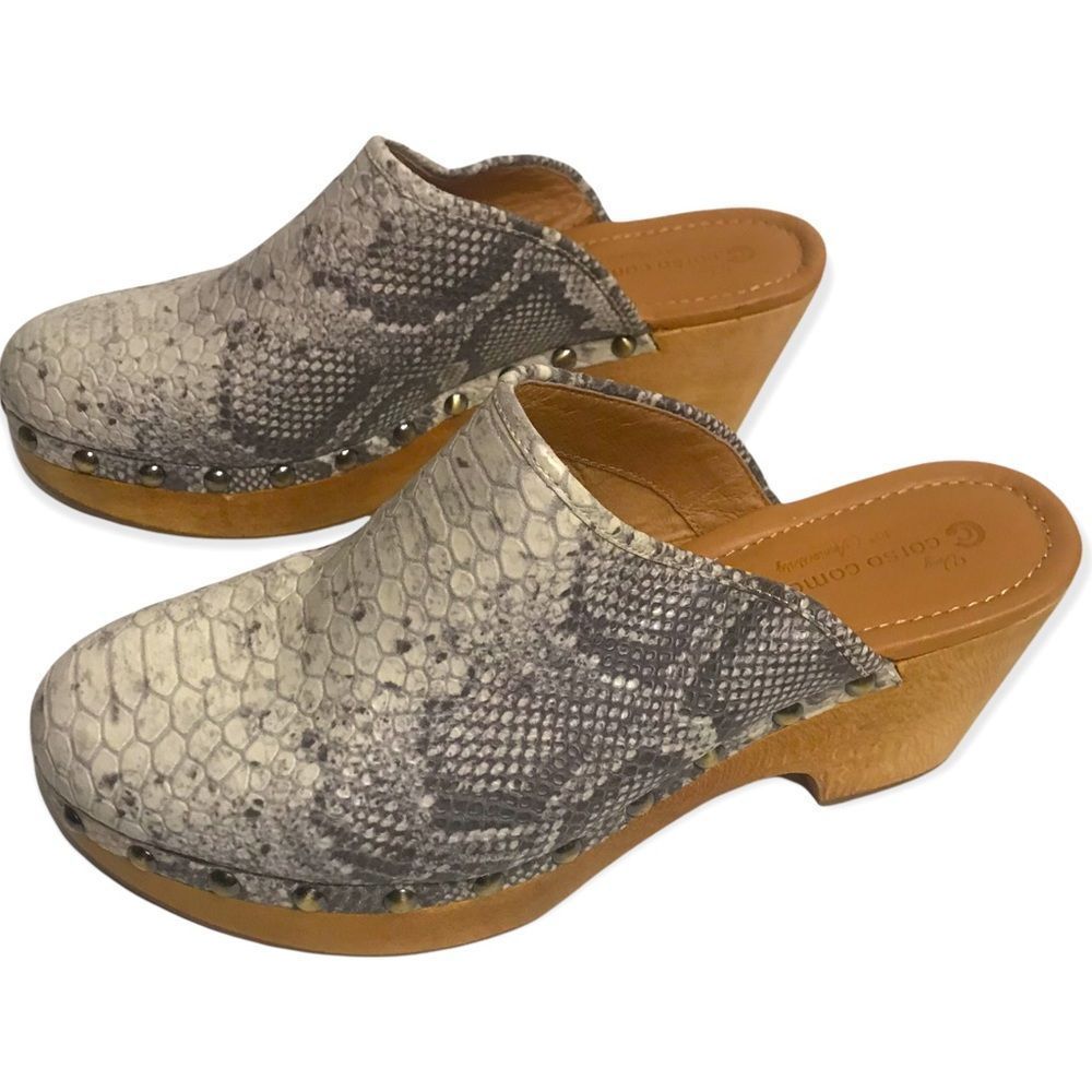 Snakeskin Patterned Clogs with Wooden Heel
